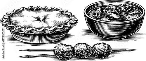Vintage engraving style illustration of meat pie, stew bowl, and meat skewer for culinary design
