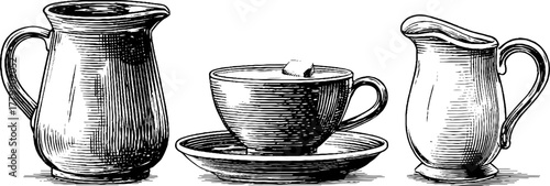 Vintage engraving of milk glass pitchers and cup set for kitchen decor