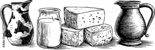 Vintage dairy delights: engraving style milk jug, cheese, and butter set for rustic kitchen decor