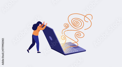A woman struggles to close her laptop, fighting against digital chaos and information overload.