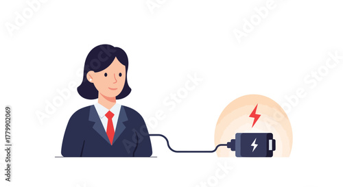 Businesswoman recharging her energy from a power bank battery.