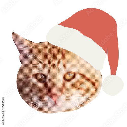 Raster clip art of ginger tabby tomcat wearing Santa hat. Colorful halftone retro pop art cute cat head isolated  . Festive Christmas sticker for winter occasions