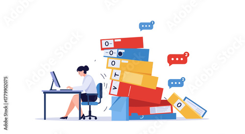 Busy office worker overwhelmed by a large pile of paperwork.