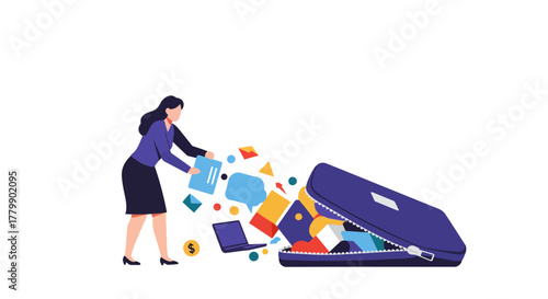 Businesswoman struggling to pack an overflowing suitcase with various items.