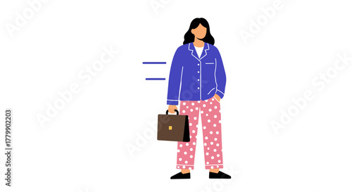 Woman in pajamas holding a briefcase ready for work.