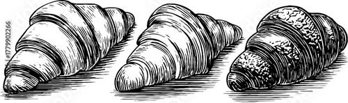 Vintage engraving style croissant collection for retro designs