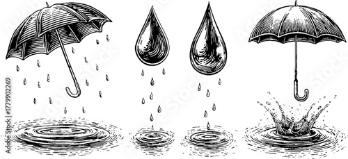 Vintage engraving style set of raindrop and umbrella silhouettes for design projects
