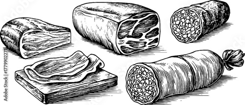 Vintage engraving style set featuring prosciutto, salami, and ham - perfect for culinary design and packaging