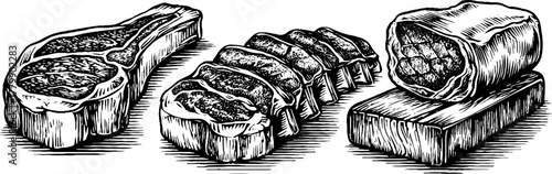Vintage engraving style of raw steak ribs and tenderloin cuts - retro culinary design