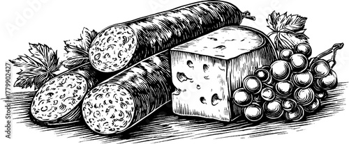Vintage engraving of sliced sausage, cheese block, and grapes
