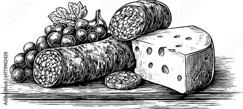 Vintage engraving of sliced sausage, cheese block, and grapes for food label design