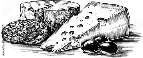 Vintage engraving of sliced salami and cheese wedge with olives for retro culinary design