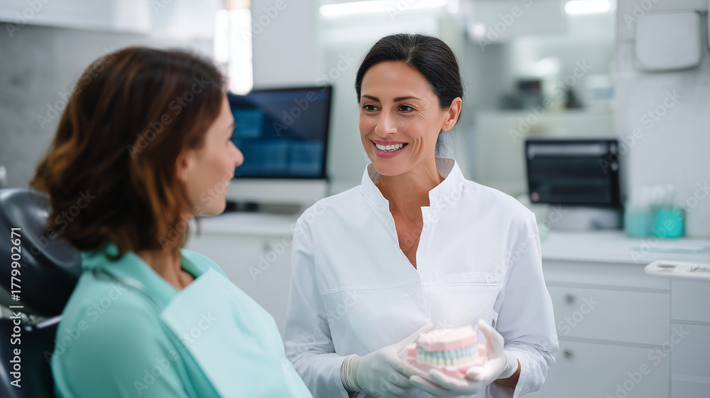 Fototapeta premium A realistic and professional scene set in a bright dental clinic. A friendly dentist wearing a white coat and medical gloves demonstrates the proper toothbrushing technique to a pa