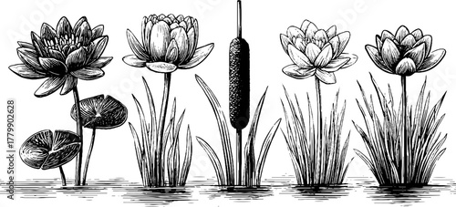Vintage botanical sketch of water lilies and cattail in engraving style