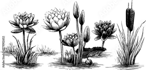Vintage engraving set of water lilies and cattails for botanical designs