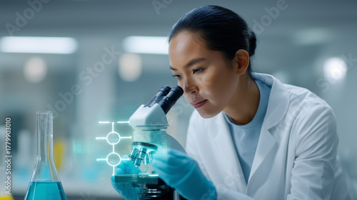 A professional lab technician wearing protective gloves and a white lab coat analyzes water samples under a microscope in a clean, modern laboratory. Floating digital overlays appe