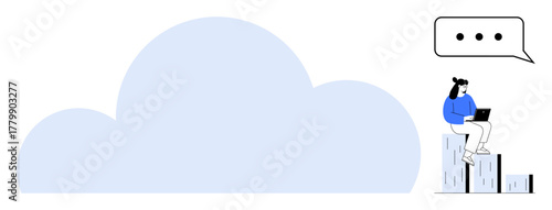Woman sitting on stacked blocks with a laptop, speech bubble above. Large cloud in the background. Ideal for technology, remote work, communication, data storage, cloud computing, online