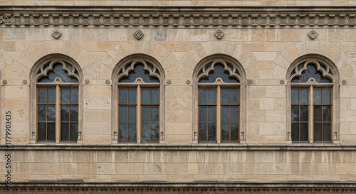 Detailed stone architecture of a historical Renaissance building showcasing classical symmetry, geometric precision, and intricate window framing, monument, window, stucco