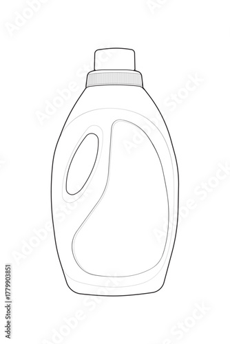 A simple black and white line art vector illustration of a laundry detergent bottle. Isolated outline icon of a blank plastic cleaning container, perfect for mockups or templates.