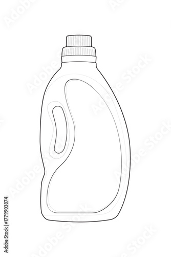 A simple black and white line art vector illustration of a laundry detergent bottle. Isolated outline icon of a blank plastic cleaning container, perfect for mockups or templates.