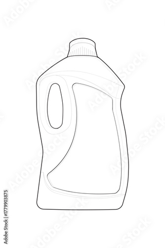 A simple black and white line art vector illustration of a laundry detergent bottle. Isolated outline icon of a blank plastic cleaning container, perfect for mockups or templates.
