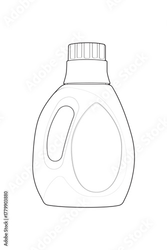 A simple black and white line art vector illustration of a laundry detergent bottle. Isolated outline icon of a blank plastic cleaning container, perfect for mockups or templates.