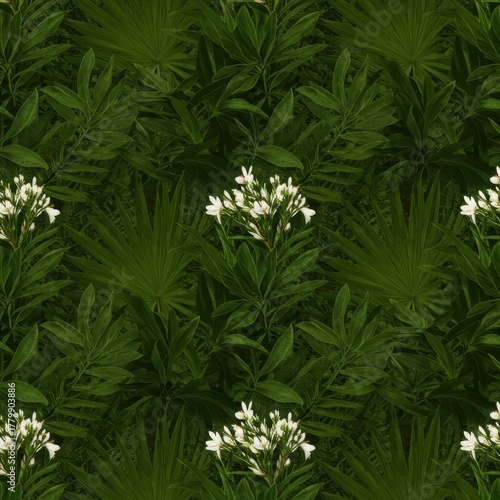 Seamless nature pattern featuring lush green tropical foliage and delicate white blossoms, perfect for textile design or abstract backgrounds, fresh, detail, blossom