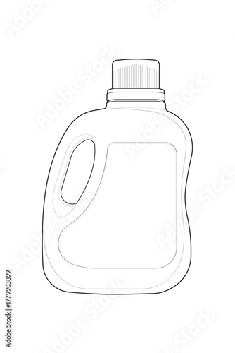 A simple black and white line art vector illustration of a laundry detergent bottle. Isolated outline icon of a blank plastic cleaning container, perfect for mockups or templates.