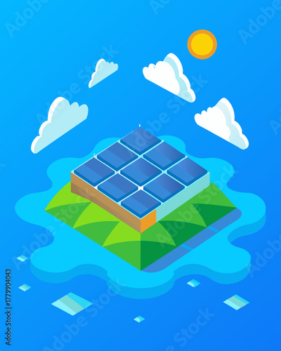 A floating solar farm on a vast blue ocean providing renewable energy to nearby islands.. Vector illustration