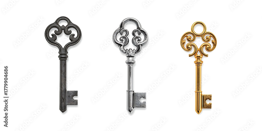 Fototapeta premium Three Symbolic Keys in Iron Silver and Gold Representing Life Stages on White Background