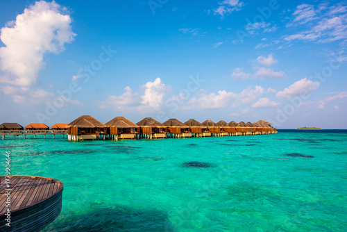 Fototapeta Naklejka Na Ścianę i Meble -  Tropical island beach landscape exotic shore coast. Tranquil closeup calm sea water waves with palm trees. Beautiful Panorama. Summer vacation, holiday amazing nature. Relax paradise, Maldives.