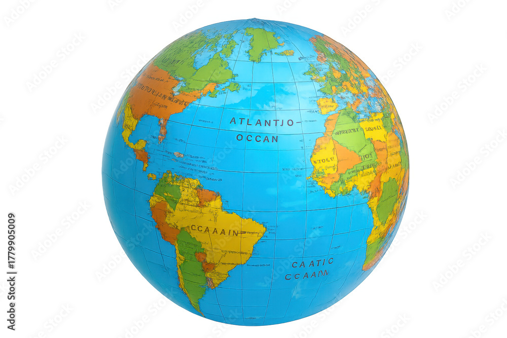 Naklejka premium Geographic world globe with various continents and oceans providing learning, travel, and environmental concepts. Transparent background