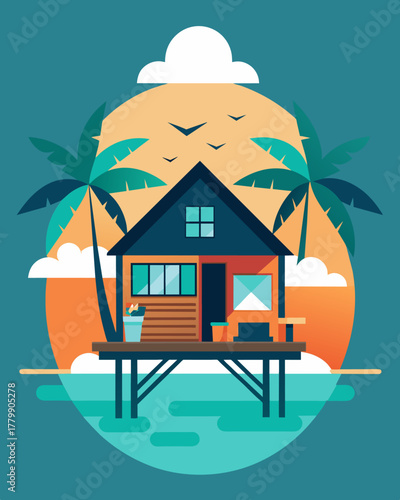 A fantastic worklife balance as a workation in a beachfront bungalow allows for both professional growth and rejuvenation.. Vector illustration