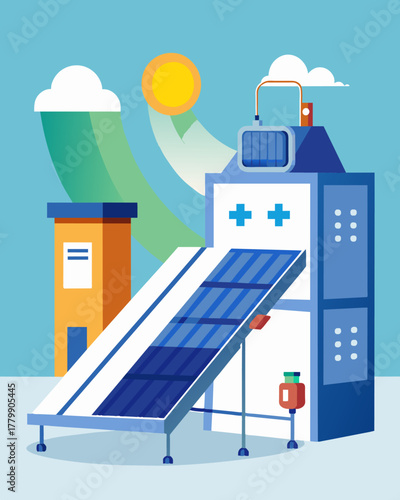 A customizable solar heating solution for hospitals and healthcare facilities providing comfort for patients and staff while minimizing operation costs.. Vector illustration