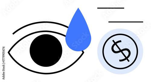 Blue teardrop falling from eye beside dollar coin symbol, conveying emotional stress, financial issues, or emotional investments. Ideal for finance, emotions, stress, budgeting, loss economics