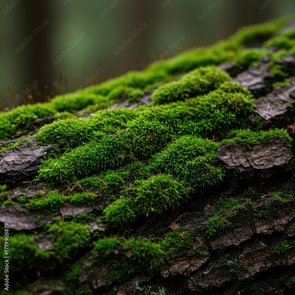 Fototapeta premium Detailed close-up view of vibrant green moss growing densely on rough tree bark in a humid forest environment showing small biological life, closeup, life, survival