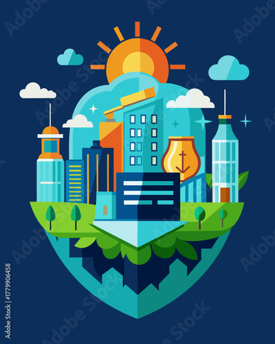 A futuristic city protected from pollution and extreme weather events with the help of solar energy.. Vector illustration