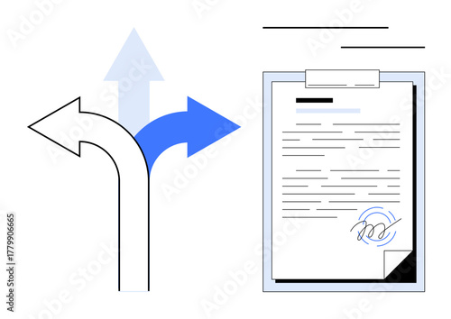 Arrows pointing different ways alongside a signed legal document on a clipboard. Ideal for choice, decision, business, agreement, planning, direction, authority. A simple flat metaphor