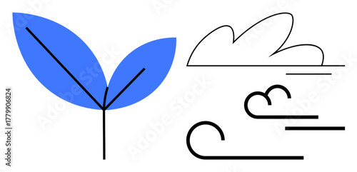 Minimalistic design with blue leaves, stylized cloud, and flowing wind lines. Ideal for sustainability, nature conservation, eco-awareness, renewable energy, fresh air, green growth and climate