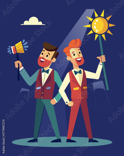 A comedic duo uses solarpowered lights to enhance their hilarious act creating a visually stunning performance.. Vector illustration
