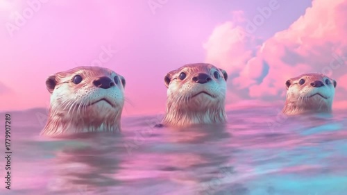 Three otters in pastel waterscape