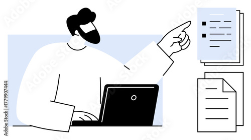 Person using laptop, gesturing toward documents for feedback. Ideal for collaboration, remote work, productivity, data management, task prioritization, teamwork, simple flat metaphor