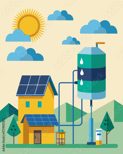A communityrun water filtration system powered entirely by solar panels providing sustainable and affordable access to clean water in remote areas.. Vector illustration