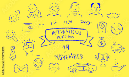 Men, their dream and the world hand drawn doodles.   brush sketch men's objects cons for international men's day (November 19), Movember movement and awareness campaign (Isolated)