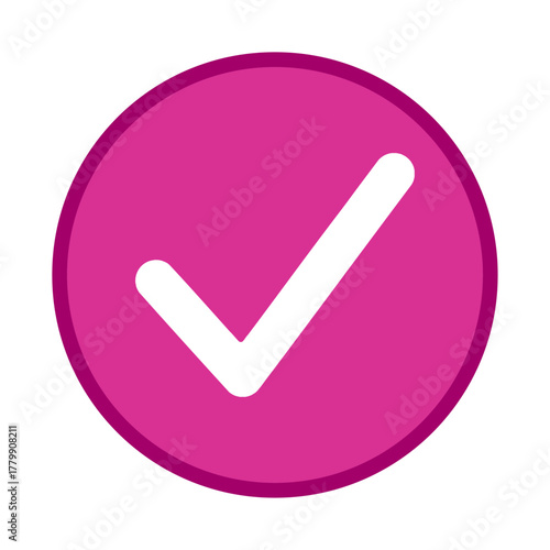 Pink positive vote round button with checkmark accept complete task badge vector illustration. Success confirmation logotype keypad agree approved check mark. Done checkbox. Tick button emoji icon.