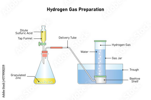 Hydrogen Gas preparation Experiment Science Design. Vector Illustration.