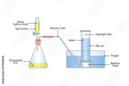 Hydrogen Gas preparation Experiment Science Design. Vector Illustration.