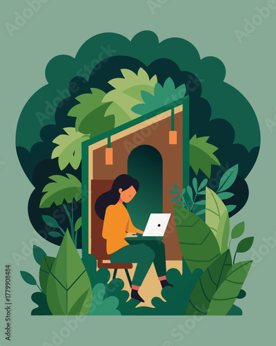 A cozy nook hidden behind lush vines providing a peaceful and secluded spot for a remote worker to focus and be inspired.. Vector illustration