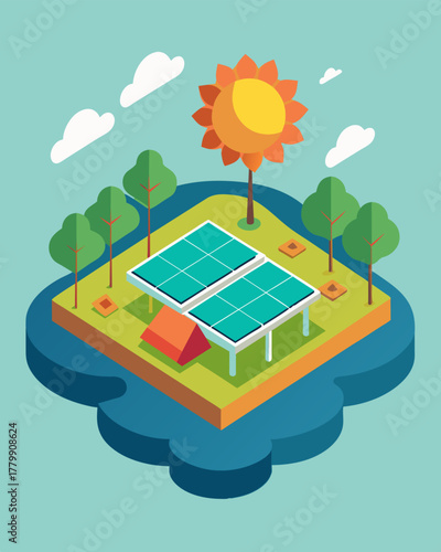 A creative solution to land scarcity for sustainable energy production solar panels floating on a manmade pond.. Vector illustration