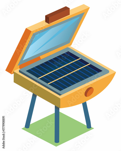 A durable and weatherresistant solarpowered electric grill designed to withstand the elements and provide reliable cooking power no matter the weather conditions.. Vector illustration